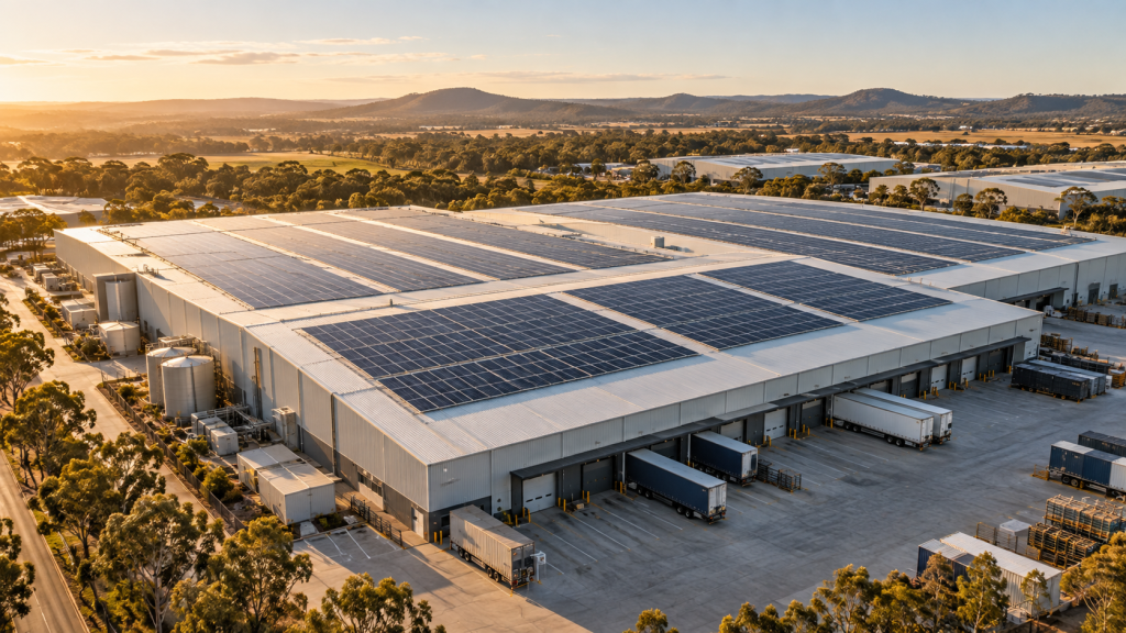 Industrial building with rooftop solar panels in an Australian landscape